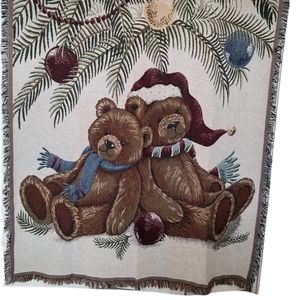 Teddy bears brown, green, cream holiday cotton woven tapestry afghan throw